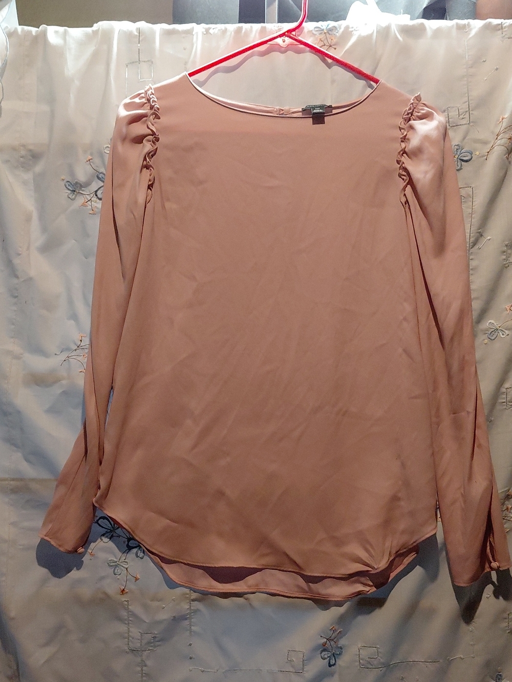 Ann Taylor Blush Pink Long-Sleeve Ruffle-Shoulder Blouse